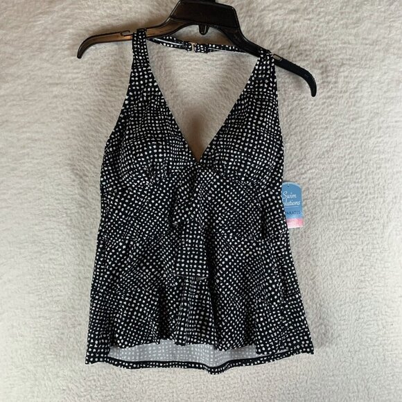 Swim Solutions Halter Tankini Top Women's 14 Black White Printed Triple Tiered - Picture 1 of 6